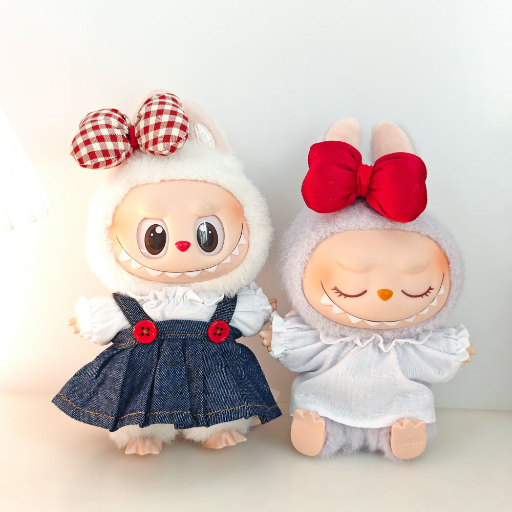 Outfits for 17cm Labubu - Cute Party Style Denim Overalls Dress Set with Big Bow