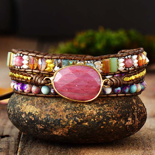 Rhodochrosite Woven Wrap Bracelet - Healing and Calmness