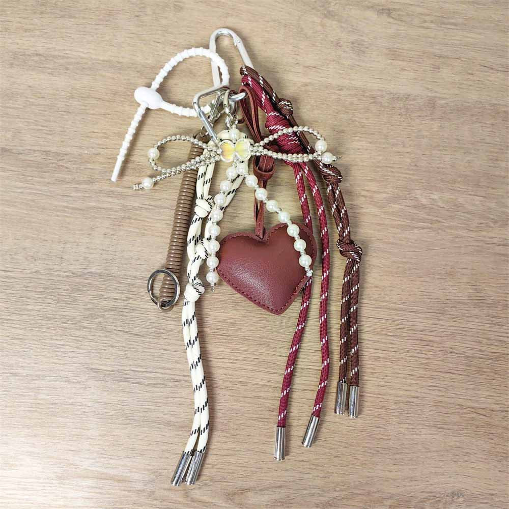 Bag Charm: Burgundy Leather Heart & Pearl Bow Keychain
