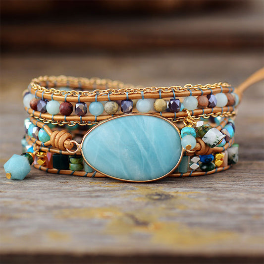 Amazonite Hand-woven Leather Bracelet - Healing and Protection
