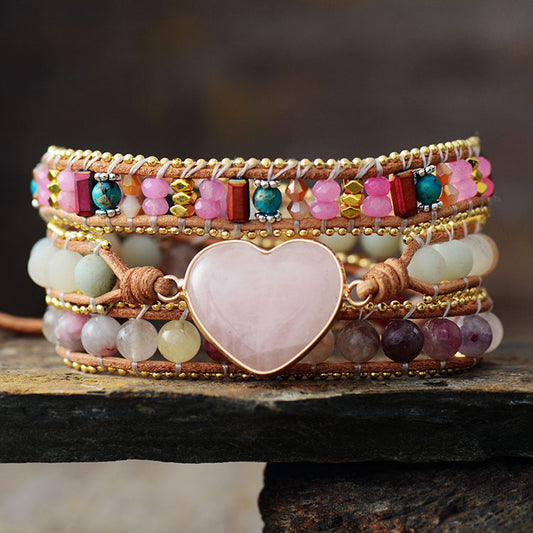 Rose Quartz Heart Leather Bracelet - Love