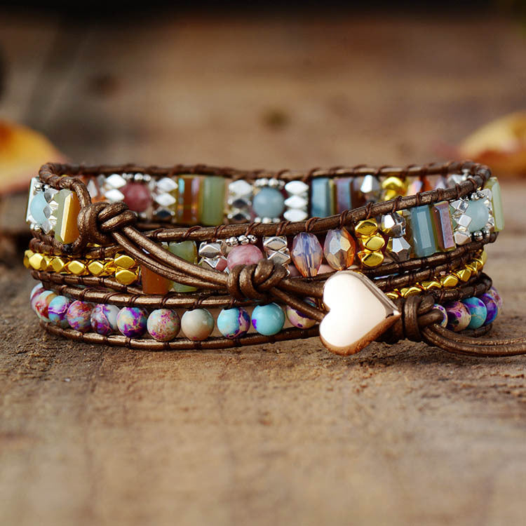 Rhodochrosite Woven Wrap Bracelet - Healing and Calmness