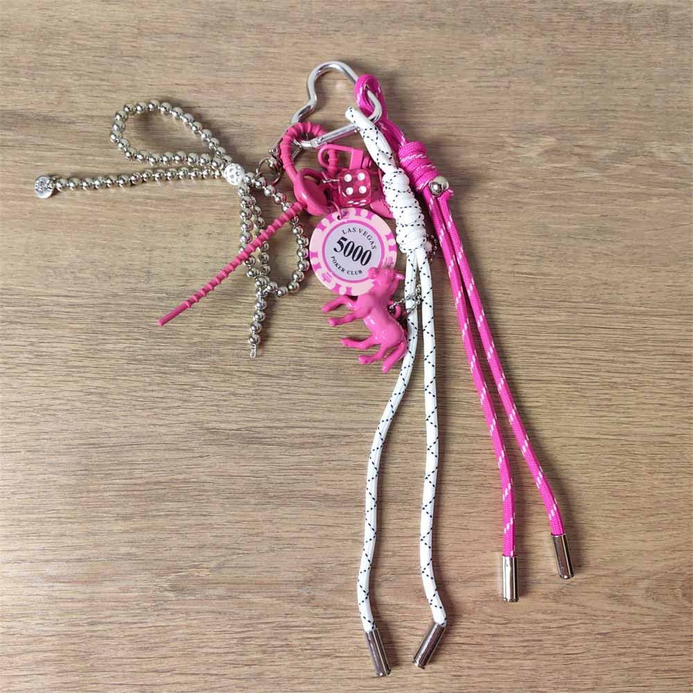 Y2K Rose Pink Chip Charm with Silver Bow Chain Keychain & Bag Pendant