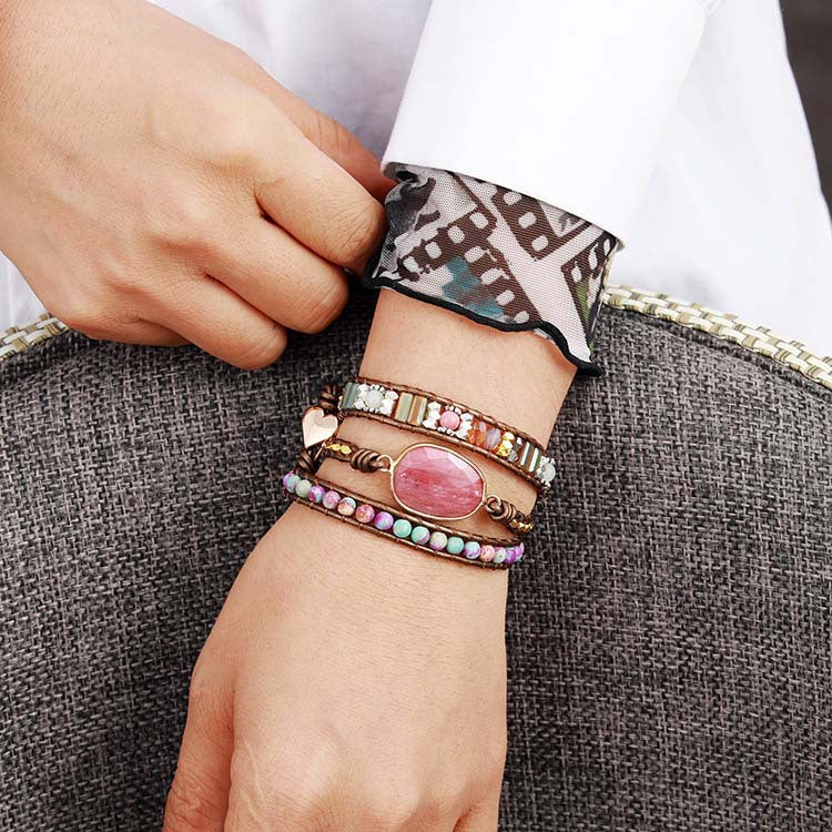 Rhodochrosite Woven Wrap Bracelet - Healing and Calmness