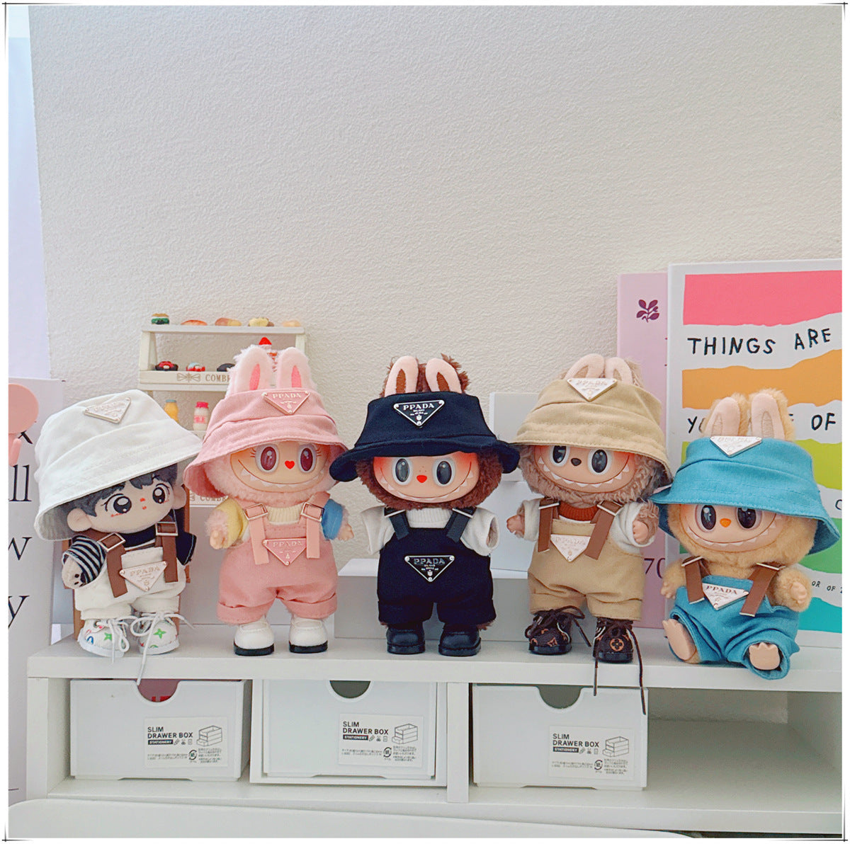 Doll Clothes for 17cm Labubu & 10cm Cotton Doll Lulu Pig Outfits - Overalls & Fisherman Hat Set