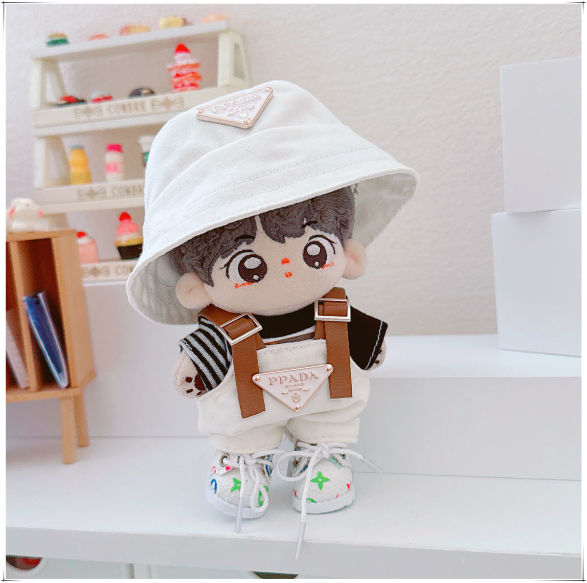 Doll Clothes for 17cm Labubu & 10cm Cotton Doll Lulu Pig Outfits - Overalls & Fisherman Hat Set