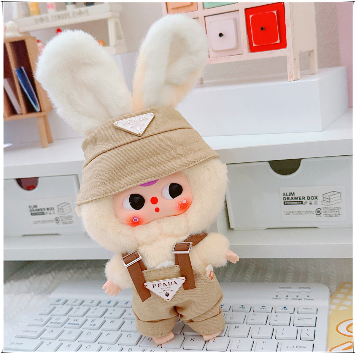 Doll Clothes for 17cm Labubu & 10cm Cotton Doll Lulu Pig Outfits - Overalls & Fisherman Hat Set