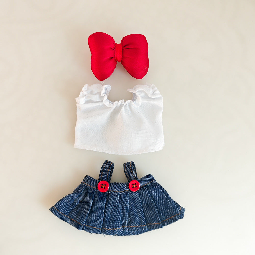 Outfits for 17cm Labubu -  Cute Party Style Denim Overalls Dress Set with Big Bow