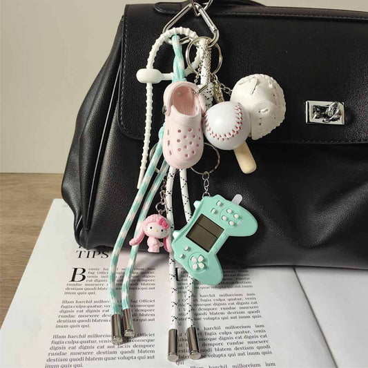 Macaron Color Game Console Keychain, Mini Crocs, Cinnamon Dog, Baseball, Braided Rope Bag Charm