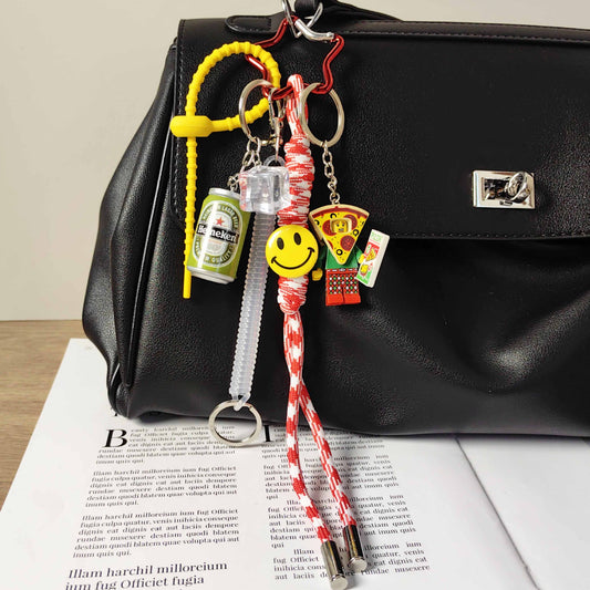 Creative Pizza Builder Keychain with Smiley Beer and Ice Cube Charms - Fun Unisex Bag Accessory