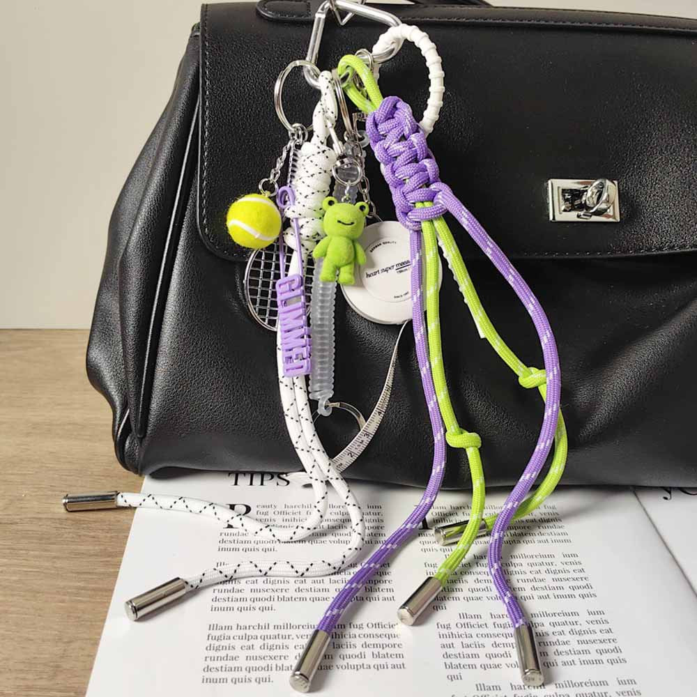 Adorable Fruit Green Crocheted Rope Tennis Racket Keychain with Cute Frog Charm