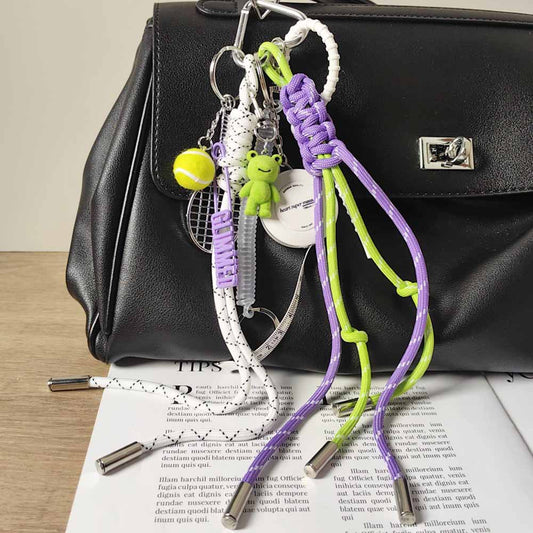 Adorable Fruit Green Crocheted Rope Tennis Racket Keychain with Cute Frog Charm