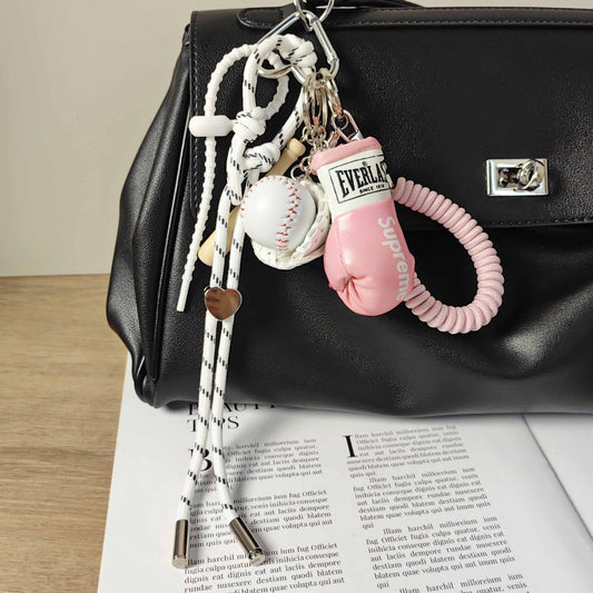 Pink Boxing Glove Keychain with White Baseball Charm & Spring Rope