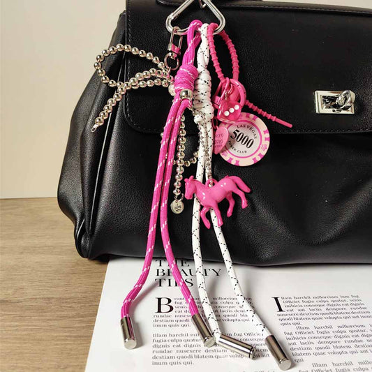 Y2K Rose Pink Chip Charm with Silver Bow Chain Keychain & Bag Pendant