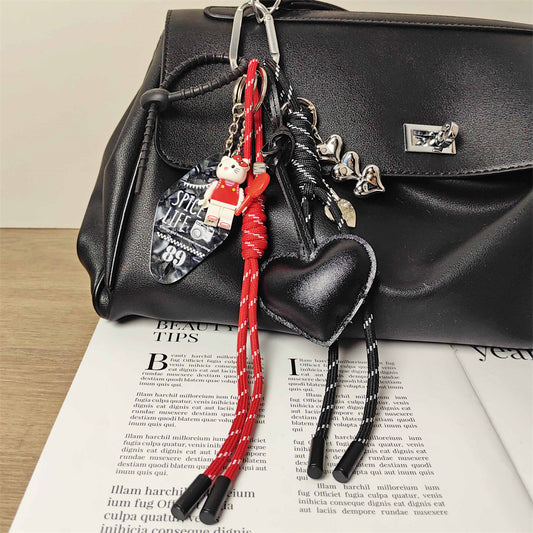 Adorable KT Cat Puzzle Keychain with Hotel Nameplate & Black Leather Heart Bag Charm for Girls