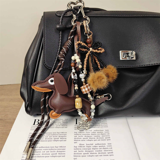 Maximalism Brown Series Sausage Dog Charm with Bow and Pom-Pom