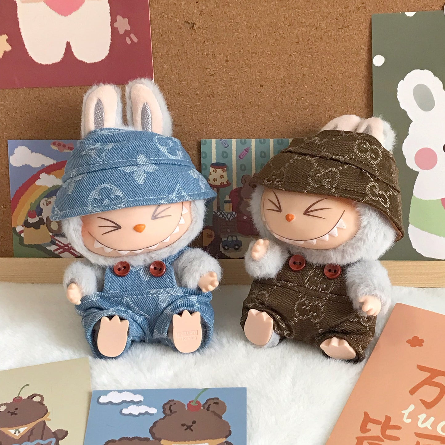 Seated Labubu Vinyl Figure Outfits - Overalls & Hats for Dolls