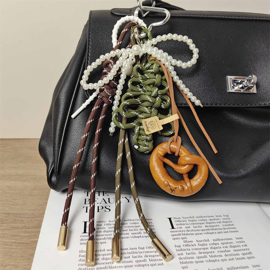 Christmas Tree Braided Rope bag charm with Alkaline Water Bread Knots Pearl Bow Keychains