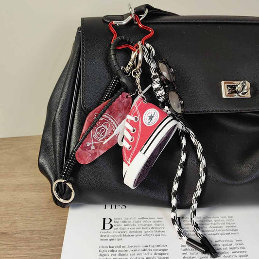 Vintage Campus Red Canvas Shoe Keychain with Black Rimmed Glasses Hotel Tag Bag Charm