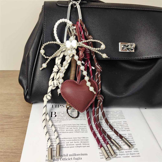 Bag Charm: Burgundy Leather Heart & Pearl Bow Keychain