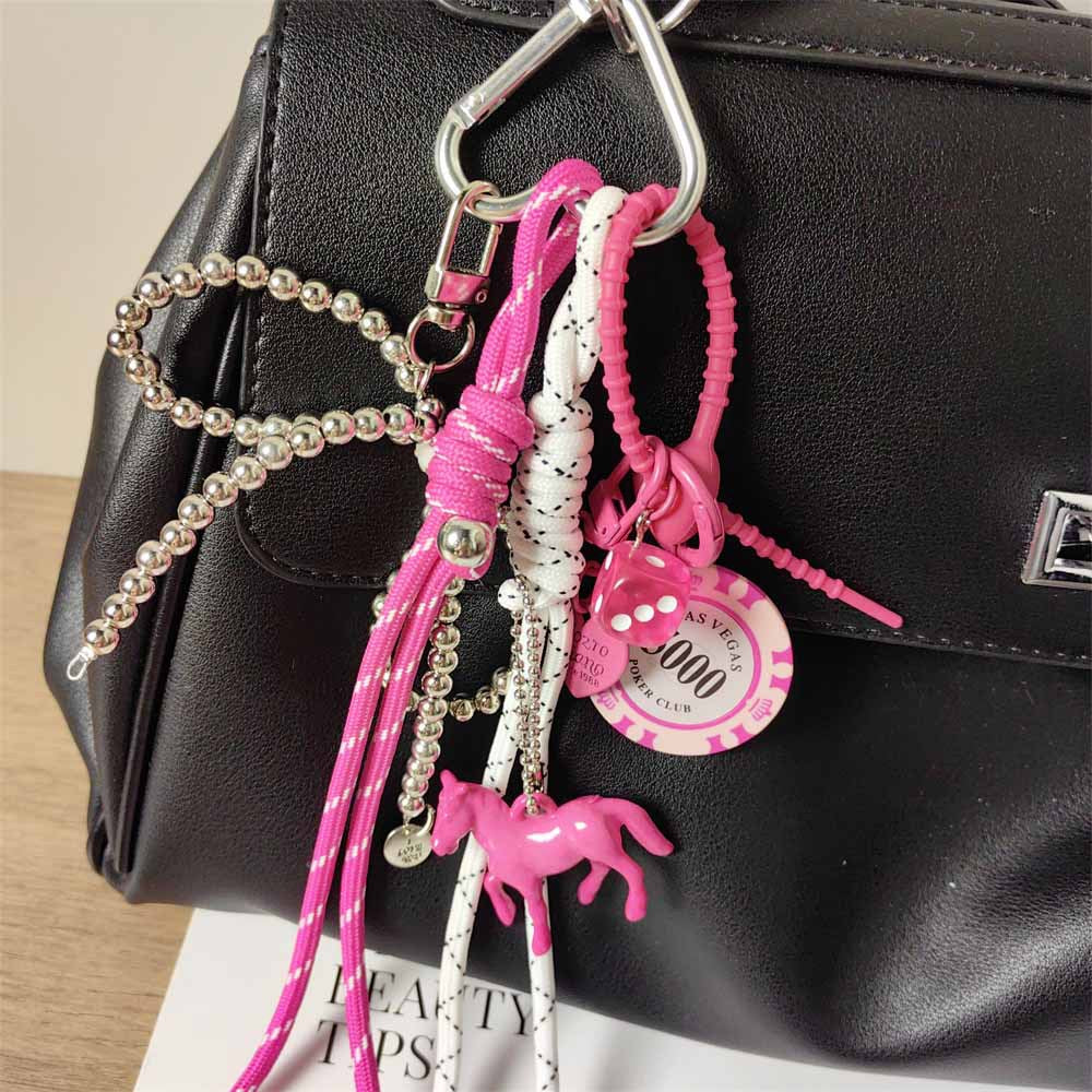Y2K Rose Pink Chip Charm with Silver Bow Chain Keychain & Bag Pendant