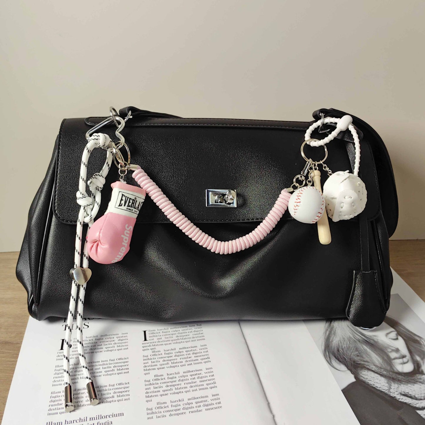 Pink Boxing Glove Keychain with White Baseball Charm & Spring Rope