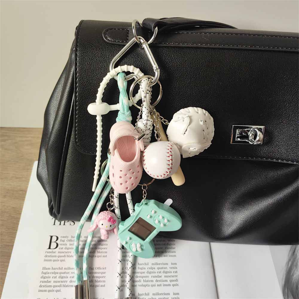 Macaron Color Game Console Keychain, Mini Crocs, Cinnamon Dog, Baseball, Braided Rope Bag Charm