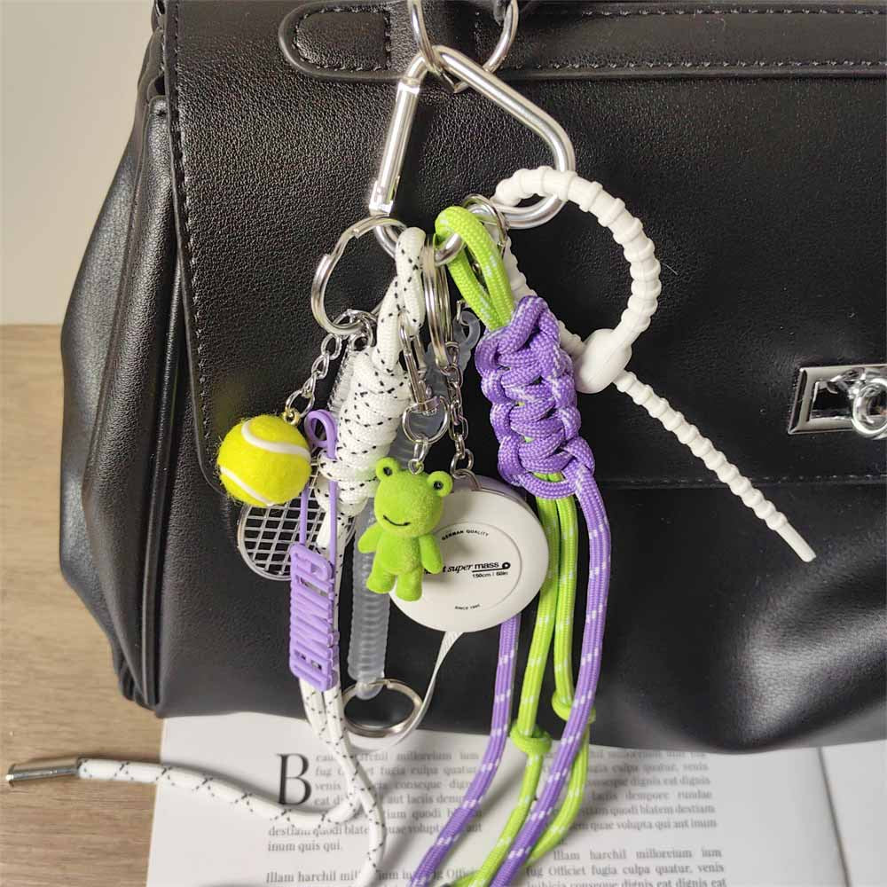 Adorable Fruit Green Crocheted Rope Tennis Racket Keychain with Cute Frog Charm