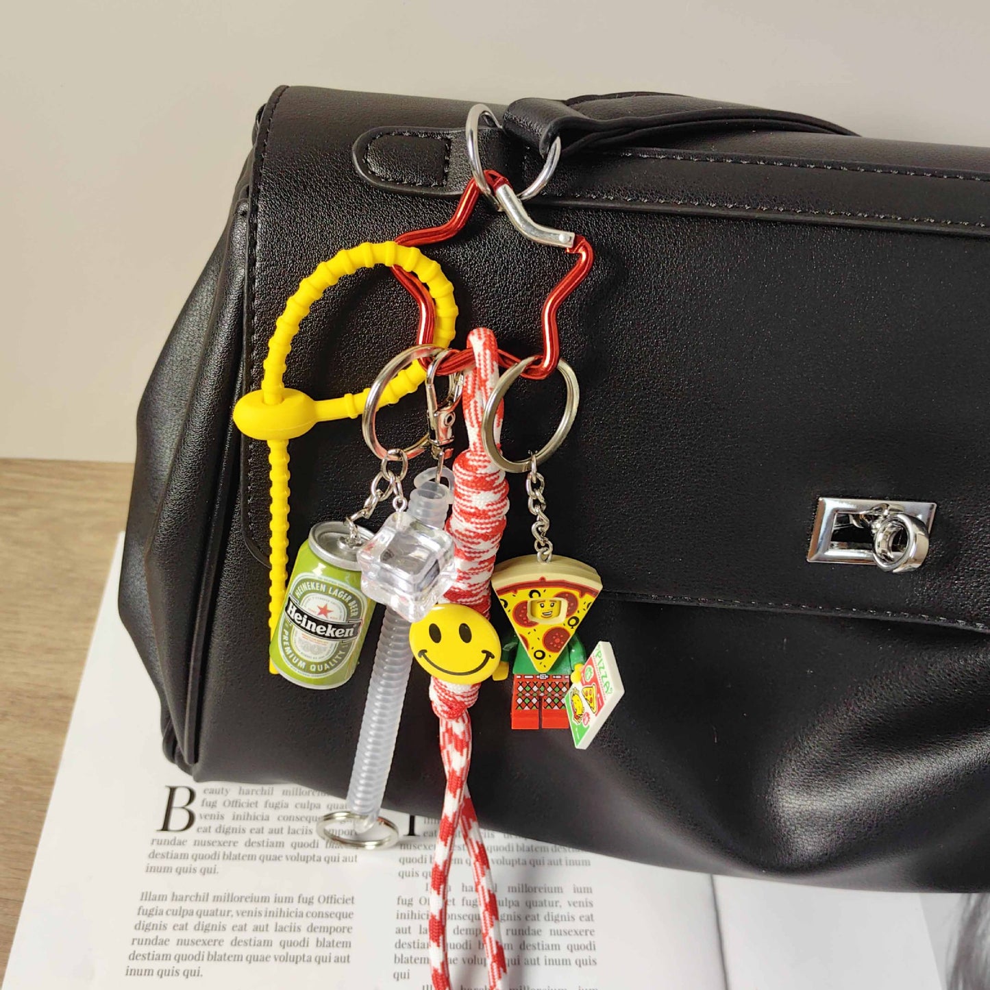 Creative Pizza Builder Keychain with Smiley Beer and Ice Cube Charms - Fun Unisex Bag Accessory