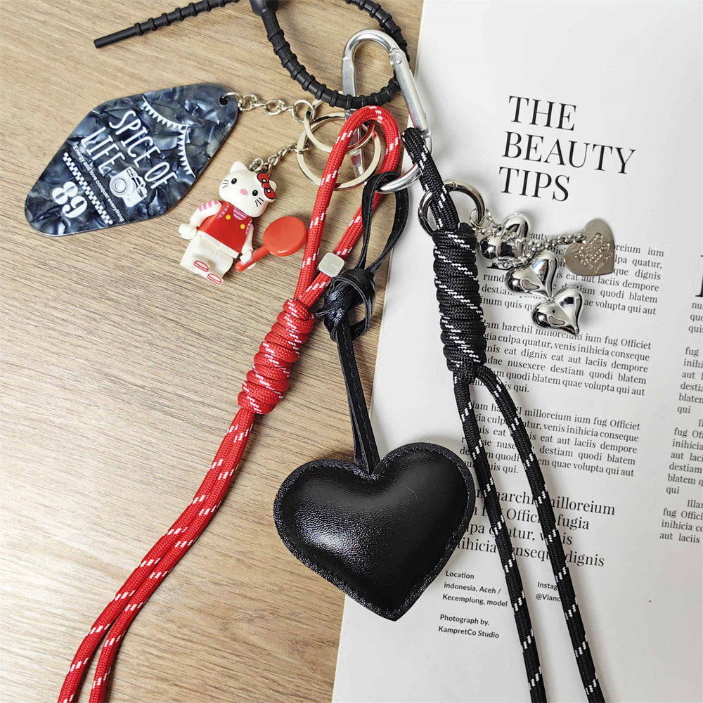 Adorable KT Cat Puzzle Keychain with Hotel Nameplate & Black Leather Heart Bag Charm for Girls