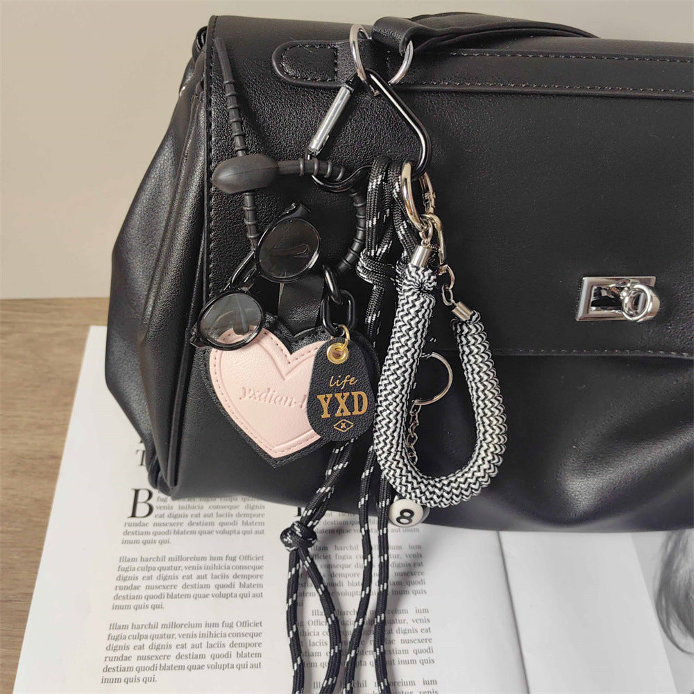 Pink Leather Heart Charm with Mini Glasses Keychain & Bag Accessory