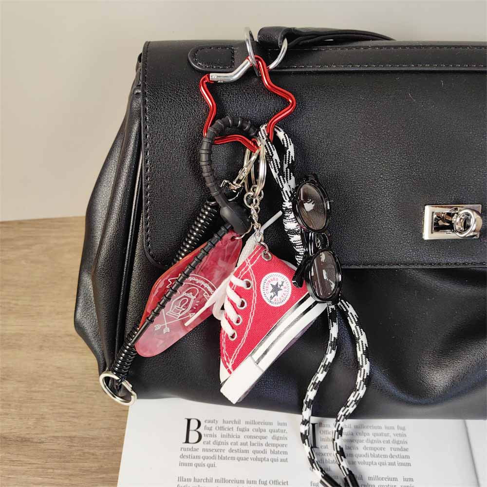 Vintage Campus Red Canvas Shoe Keychain with Black Rimmed Glasses Hotel Tag Bag Charm