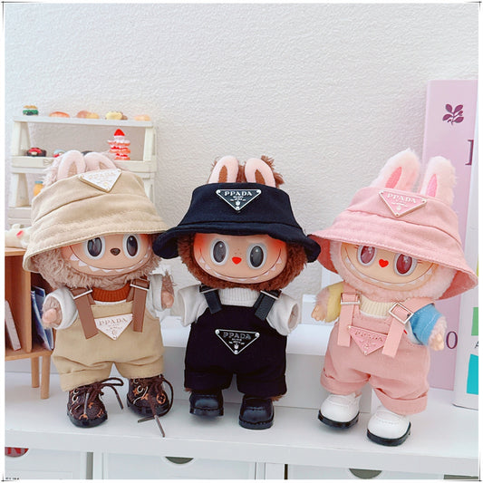 Doll Clothes for 17cm Labubu & 10cm Cotton Doll Lulu Pig Outfits - Overalls & Fisherman Hat Set