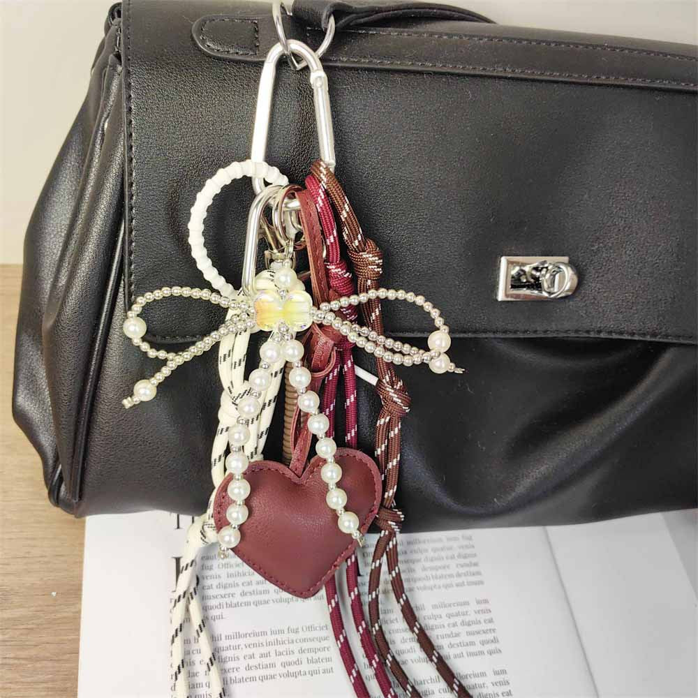 Bag Charm: Burgundy Leather Heart & Pearl Bow Keychain