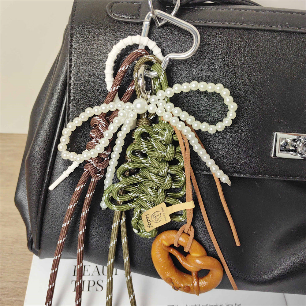 Christmas Tree Braided Rope bag charm with Alkaline Water Bread Knots Pearl Bow Keychains
