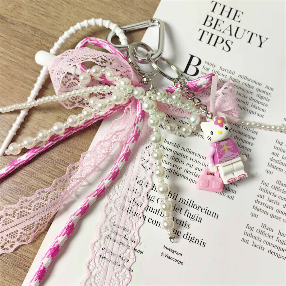 Adorable Pink KT Cat Puzzle Keychain with Lace-Trimmed Cord: Perfect Bag Charm for Girls