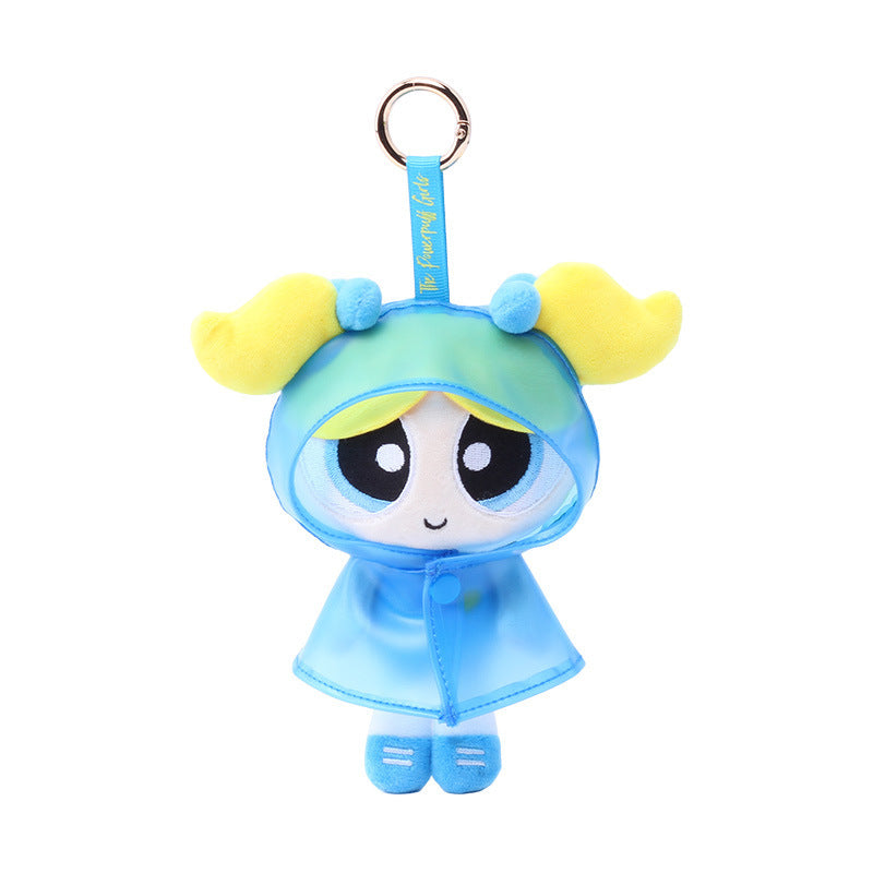Cartoon Powerpuff Girls Raincoat Series Plush Keychain Cute Dolls - Blossom, Bubbles, Buttercup