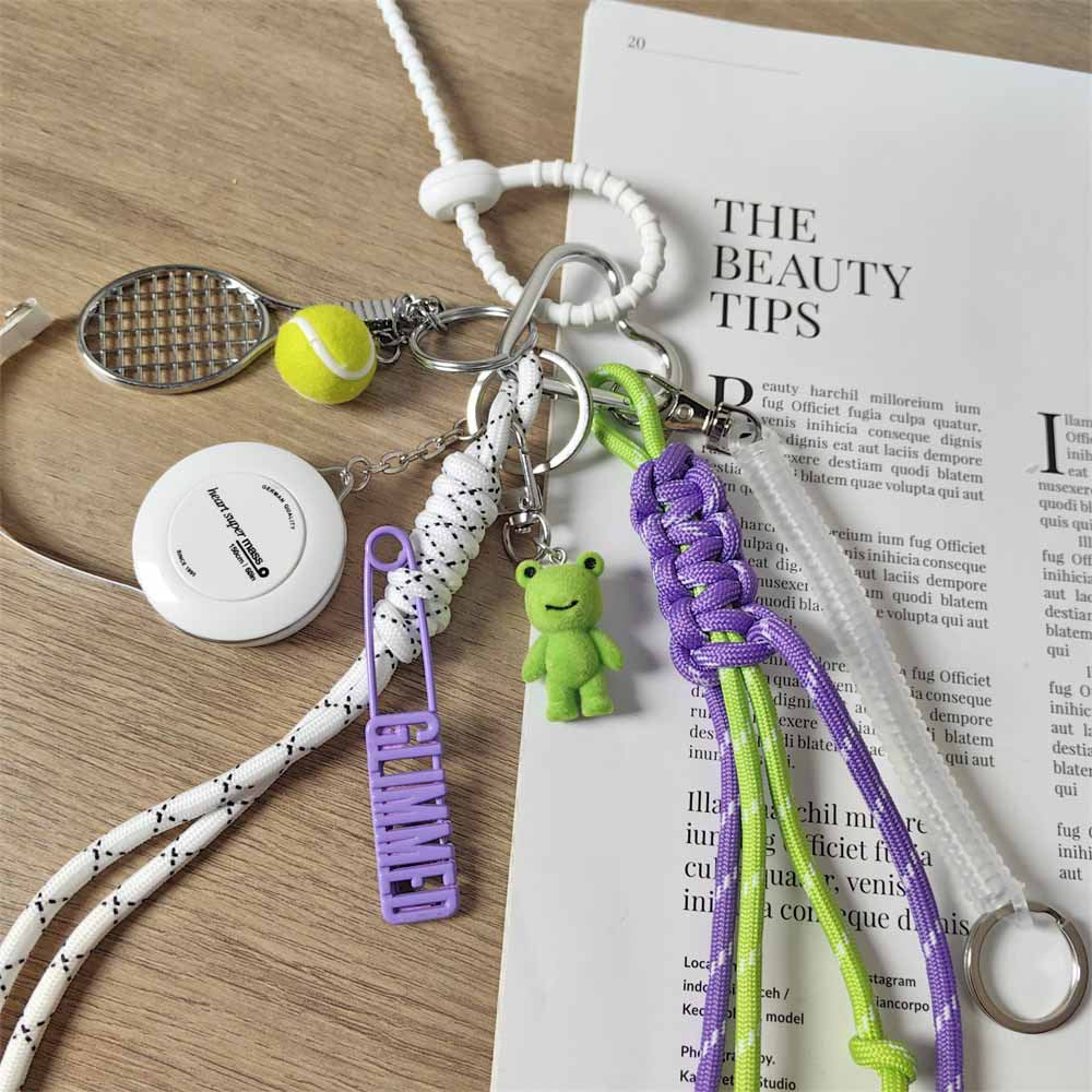 Adorable Fruit Green Crocheted Rope Tennis Racket Keychain with Cute Frog Charm