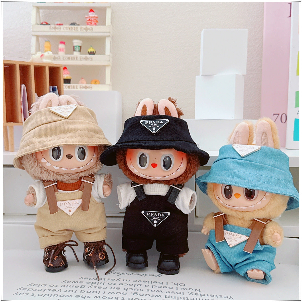 Doll Clothes for 17cm Labubu & 10cm Cotton Doll Lulu Pig Outfits - Overalls & Fisherman Hat Set