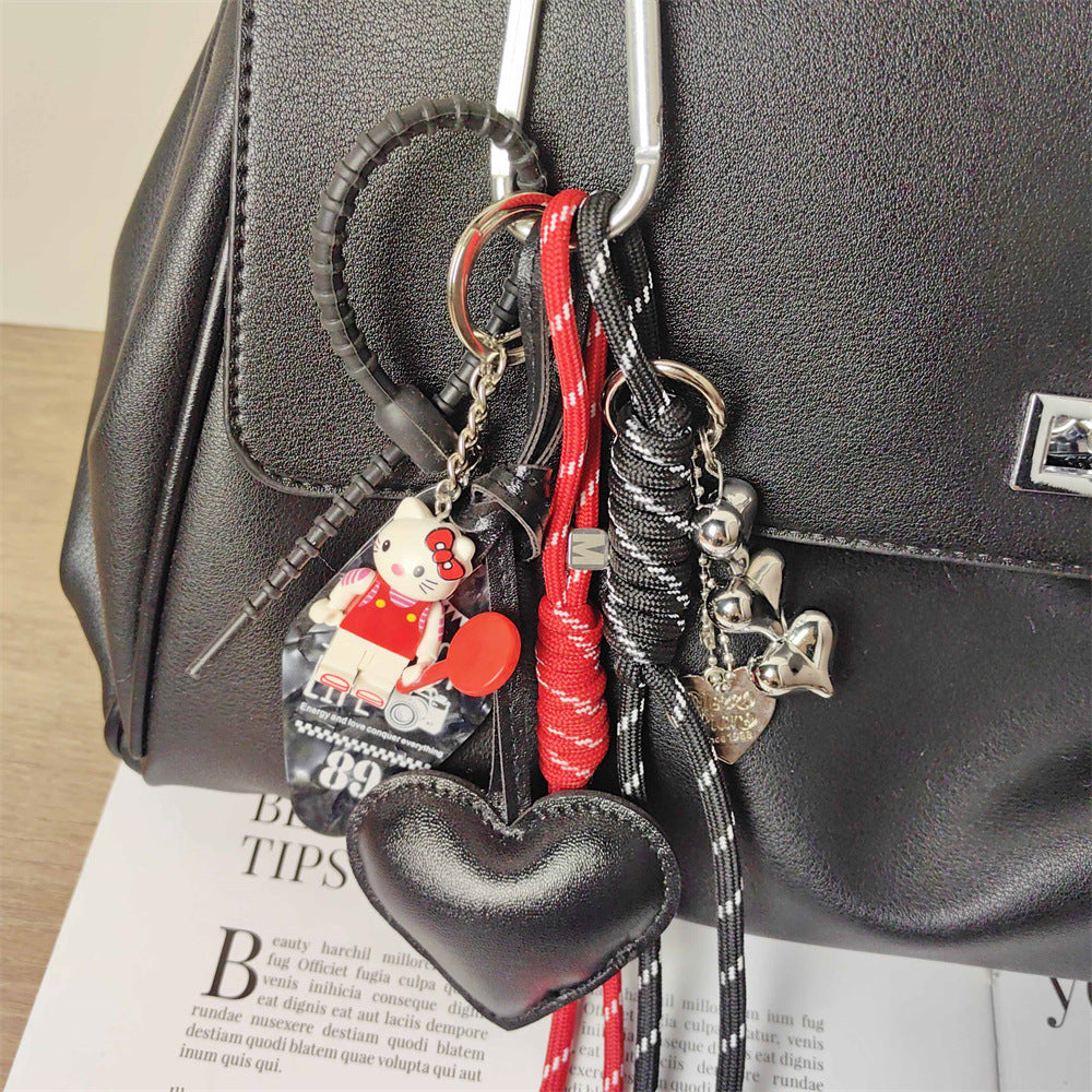 Adorable KT Cat Puzzle Keychain with Hotel Nameplate & Black Leather Heart Bag Charm for Girls