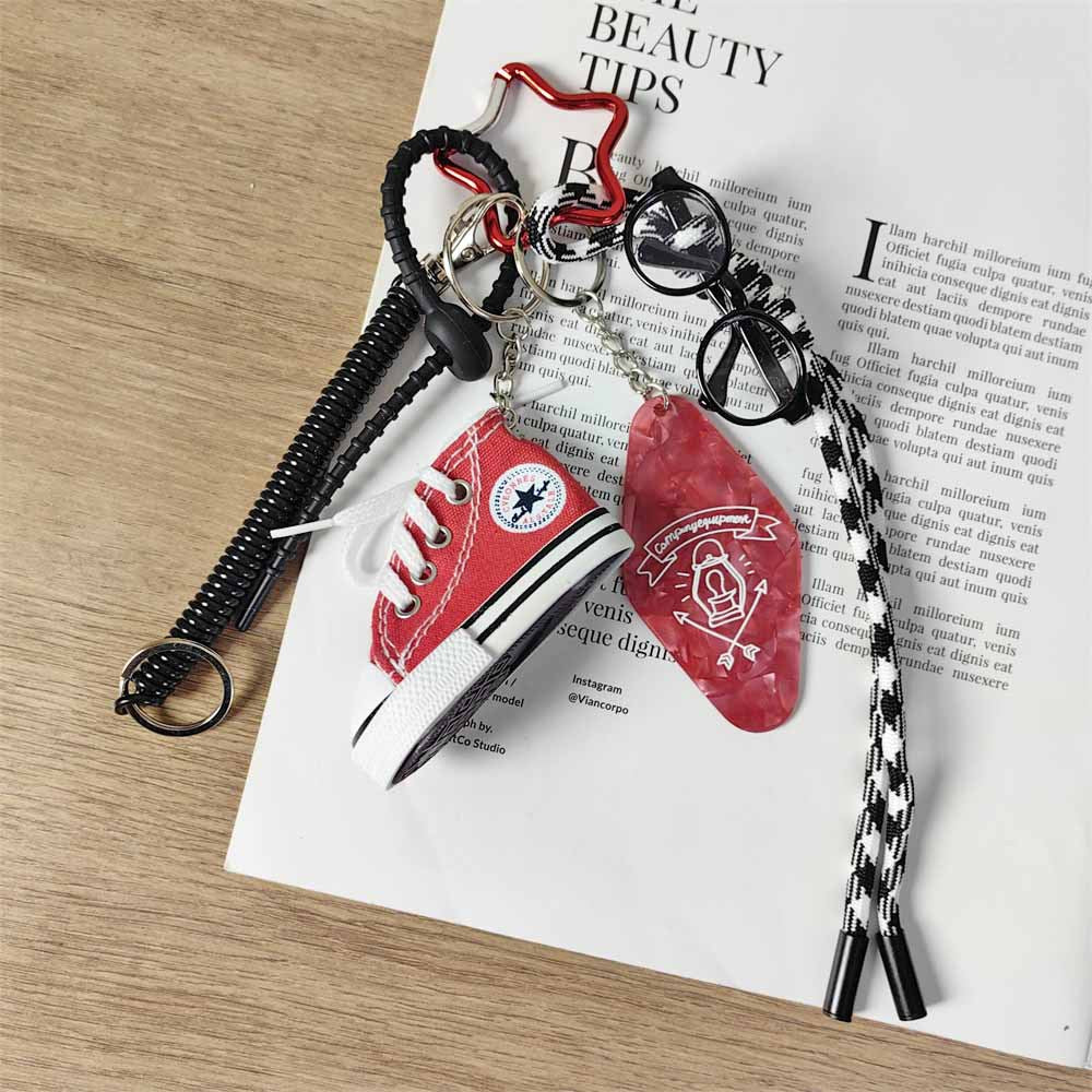 Vintage Campus Red Canvas Shoe Keychain with Black Rimmed Glasses Hotel Tag Bag Charm