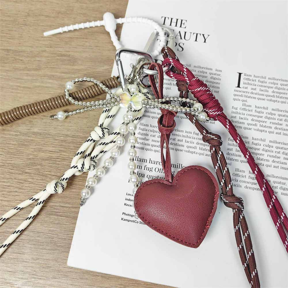 Bag Charm: Burgundy Leather Heart & Pearl Bow Keychain