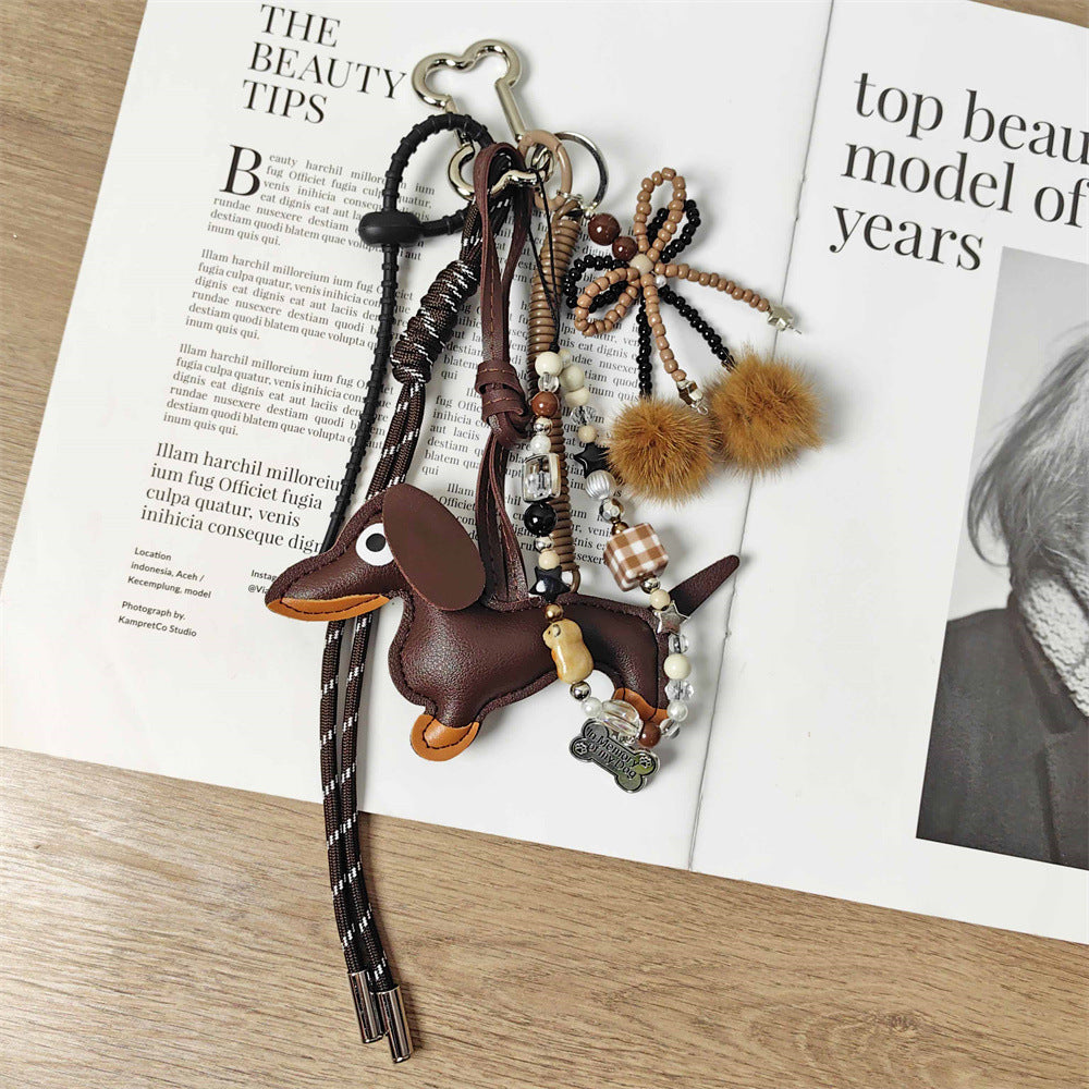 Maximalism Brown Series Sausage Dog Charm with Bow and Pom-Pom