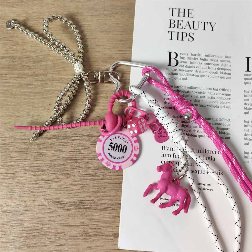 Y2K Rose Pink Chip Charm with Silver Bow Chain Keychain & Bag Pendant