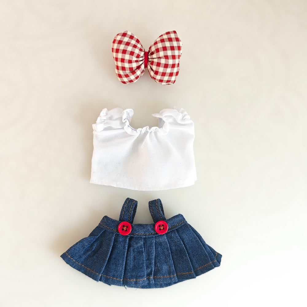 Outfits for 17cm Labubu -  Cute Party Style Denim Overalls Dress Set with Big Bow