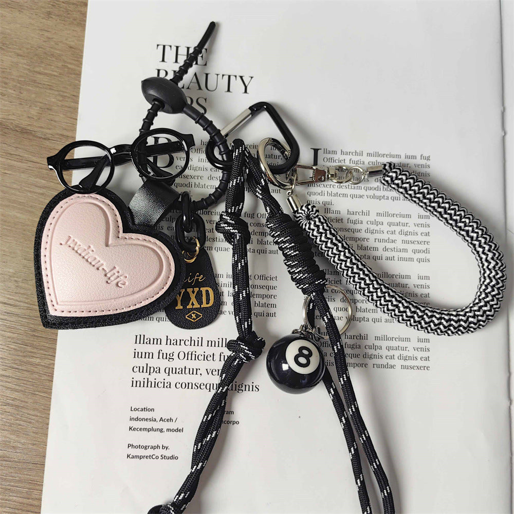 Pink Leather Heart Charm with Mini Glasses Keychain & Bag Accessory