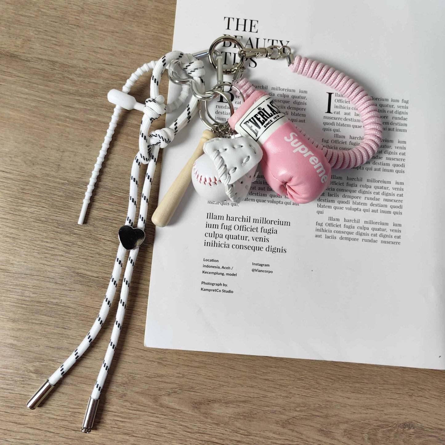 Pink Boxing Glove Keychain with White Baseball Charm & Spring Rope