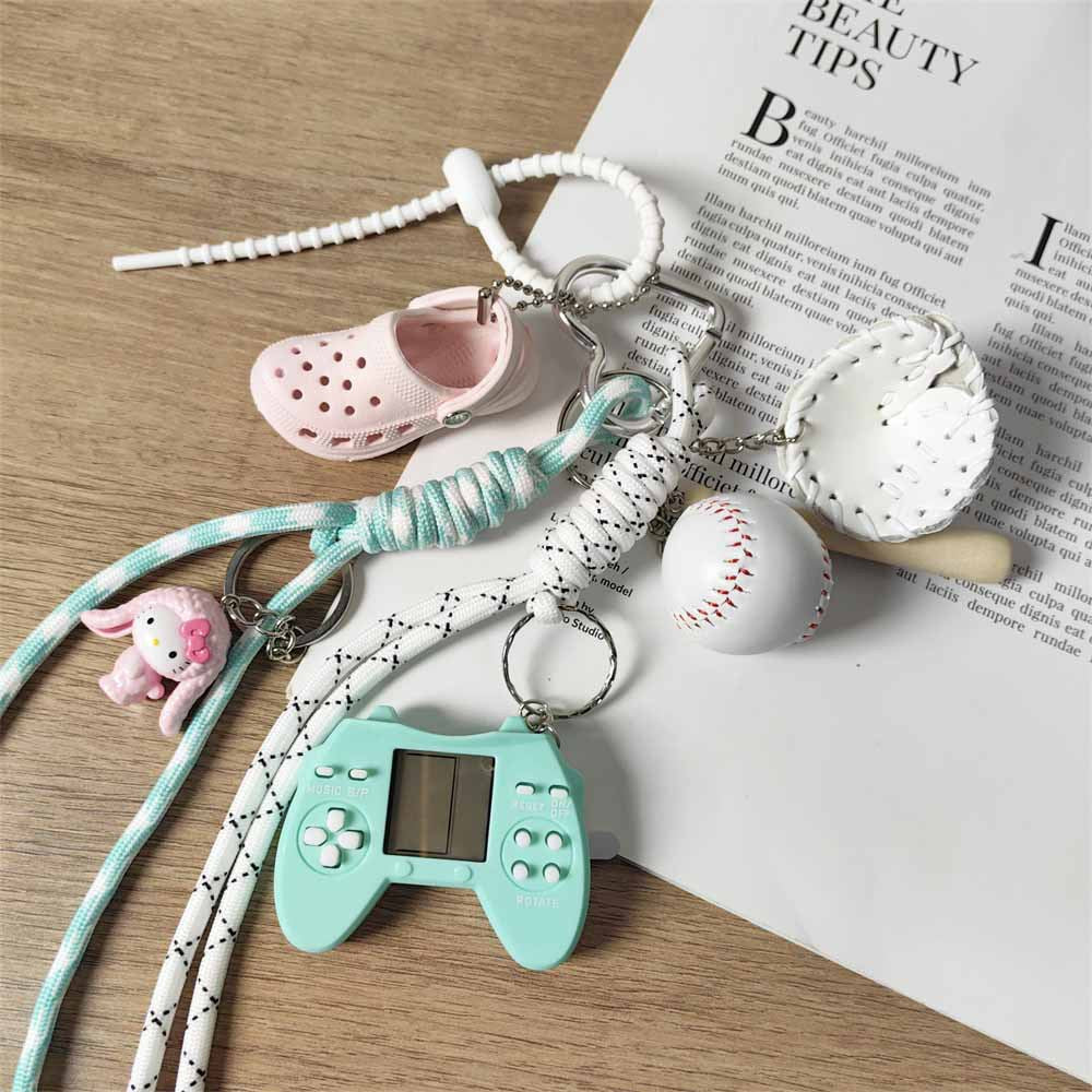 Macaron Color Game Console Keychain, Mini Crocs, Cinnamon Dog, Baseball, Braided Rope Bag Charm