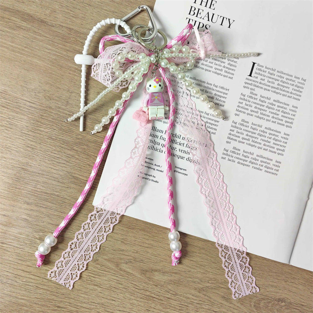 Adorable Pink KT Cat Puzzle Keychain with Lace-Trimmed Cord: Perfect Bag Charm for Girls