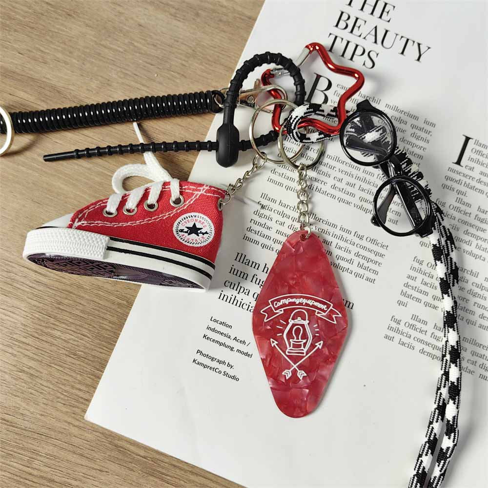 Vintage Campus Red Canvas Shoe Keychain with Black Rimmed Glasses Hotel Tag Bag Charm